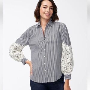 Chico's Striped Button-Up Blouse with Lace Sleeves